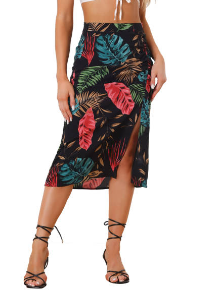 Allegra K- Flowy Ruched Front Floral Midi Skirt