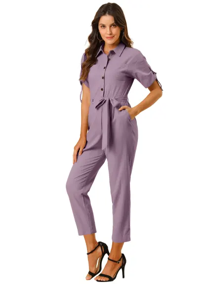 Allegra K- Turndown Collar Button up Tie Waist Cargo Jumpsuit