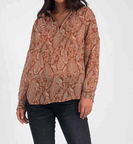 ELAN - Sheer Curry Paisley Long Sleeve Blouse Shirt