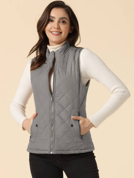 Allegra K- Stand Collar Lightweight Gilet Quilted Zip Vest