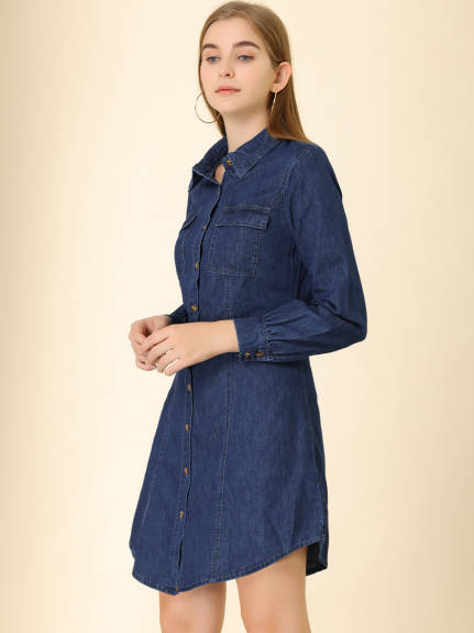 Allegra K- Long Sleeve Curved Hem Denim Shirt dress