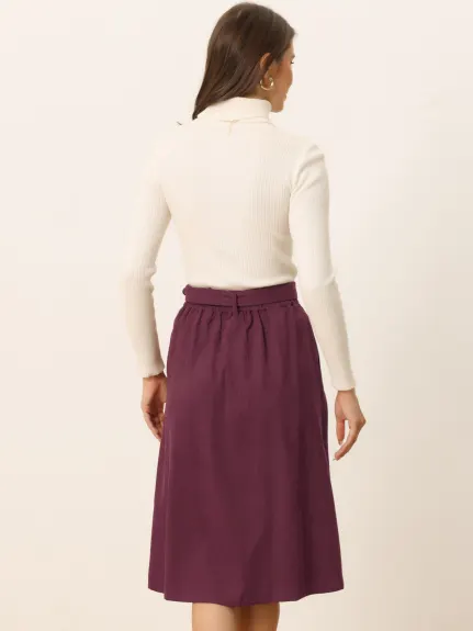 Allegra K - Button Front A-Line Belted Corduroy Skirt