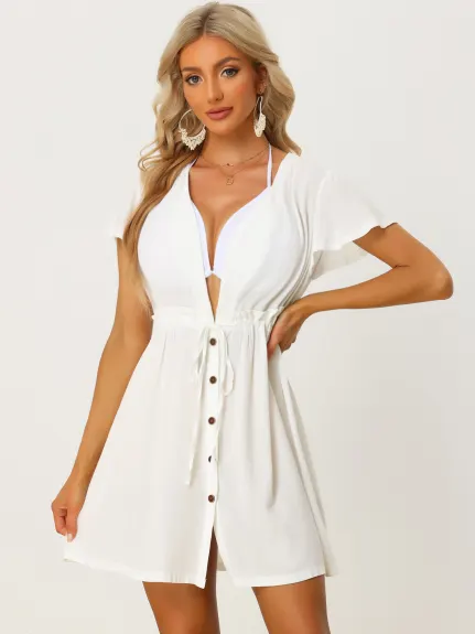 Allegra K- Deep V-Neck Short Sleeve Tie-Front Swing Mini Dress