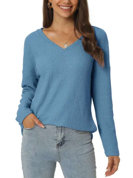 Allegra K- V Neck Waffle Knit Long Sleeve Slim Fit Top