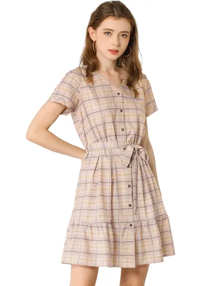 Allegra K- Plaid V-Neck Belted A-Line Shirt Dress