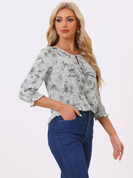 Allegra K- Tie V Neck Ruffled 3/4 Sleeve Floral Blouse