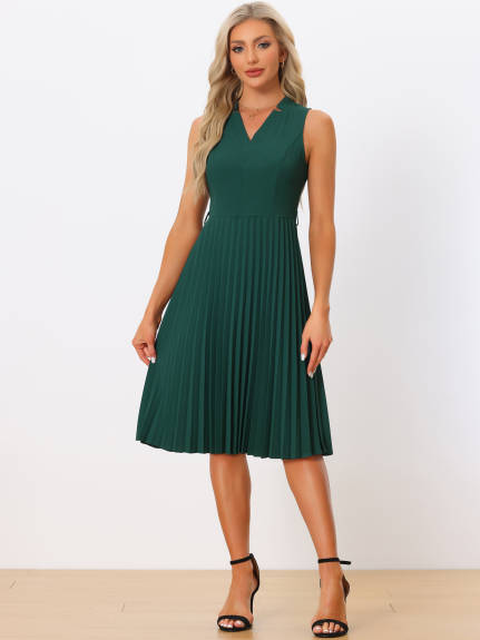 Allegra K - Sleeveless V Neck Tie Waist Pleated Dress