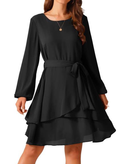 Allegra K - Round Neck Tie Waist Ruffle Dress