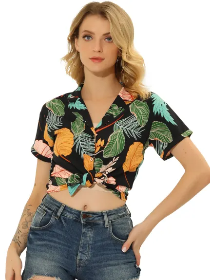 Allegra K- Beach Tropical Floral Leaves Button Down Shirt