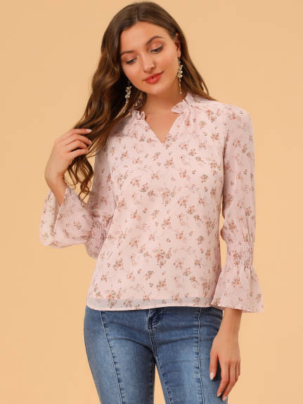 Allegra K- Smocked Sleeve V-Neck Chiffon Floral Blouse