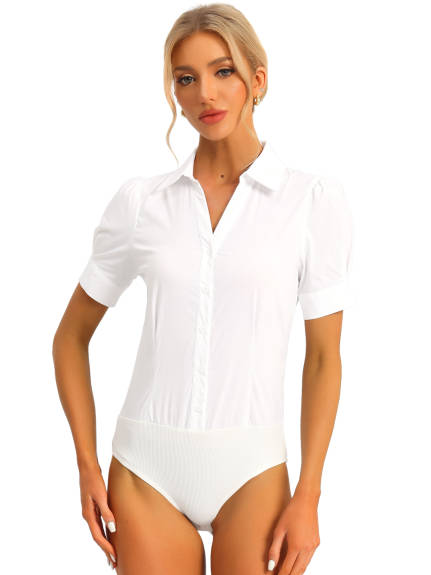 Allegra K - Button Short Sleeve Leotard Shirt Bodysuit