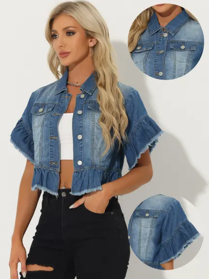 Allegra K- Veste en jean à manches courtes et volants