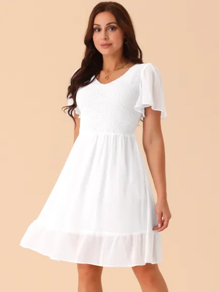 Allegra K - Summer Solid Smocked Chiffon Dress