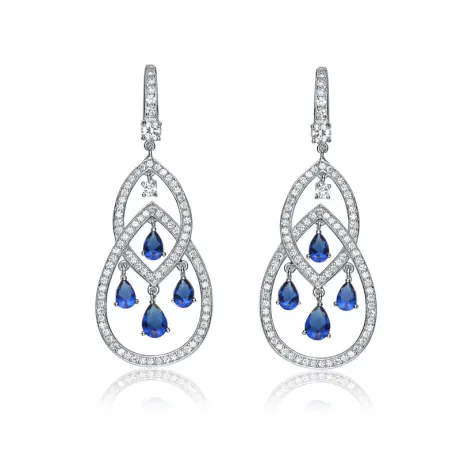 Genevive Sterling Silver with Colored Cubic Zirconia Double Teardrop Chandelier Earrings