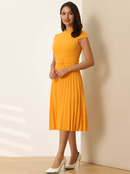 Hobemty- Mock Neck Belted A-Line Pleated Dress