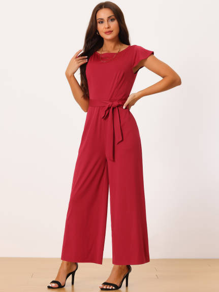 Allegra K - Cap Sleeve Belted High Waist Casual Jumpsuit