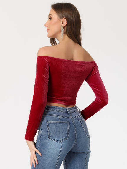 Allegra K- Velvet Off Shoulder Long Sleeve Crop Blouse