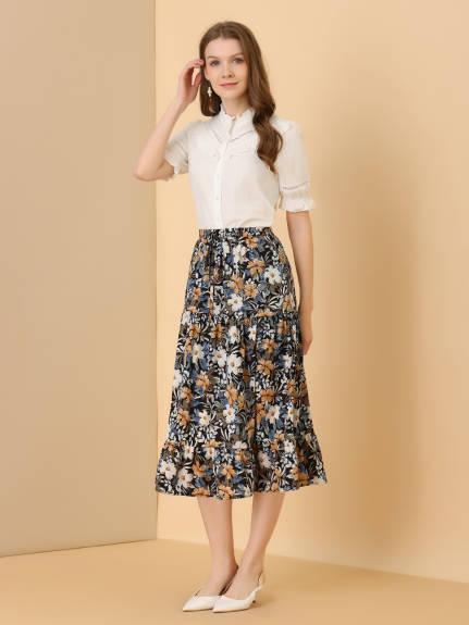 Allegra K- Floral Sunflower Tiered Chiffon A-Line Skirt