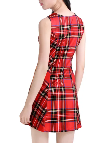 Allegra K- Round Neck Sleeveless Plaids Mini Dress