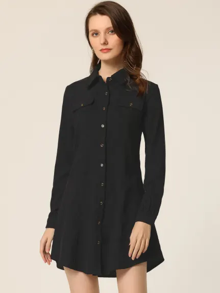 Allegra K- Safari Point Collar Belted Corduroy Shirt Dress