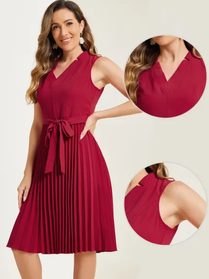 Allegra K - Sleeveless V Neck Tie Waist Pleated Dress