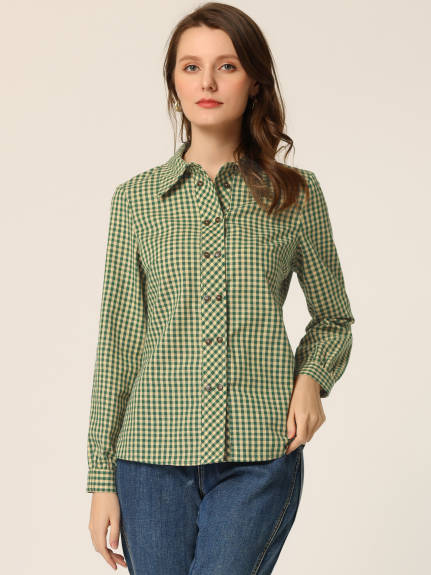 Allegra K- Plaid Point Collar Long Sleeve Double Breasted Shirt