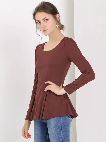 Allegra K- Long Sleeves Scoop Neck Casual Peplum Shirt