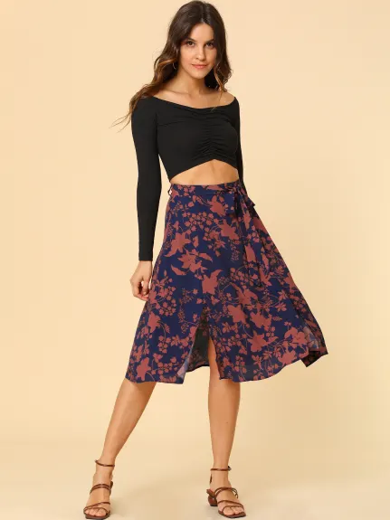 Allegra K- Slit Floral Belted A-Line Midi Skirt