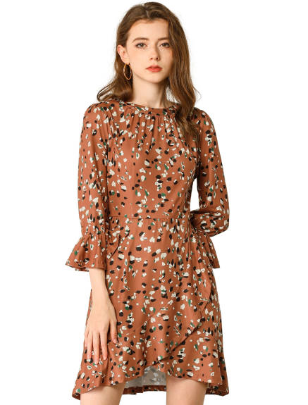 Allegra K- Leopard 3/4 Bell Sleeves Ruffle Dress