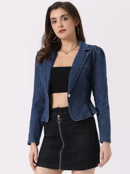 Allegra K- Notched Lapel Long Sleeve Denim Jacket