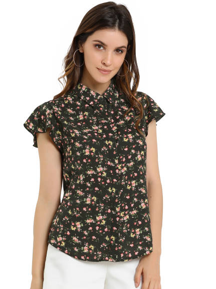 Allegra K - Summer Flare Sleeve Floral Collared Shirt