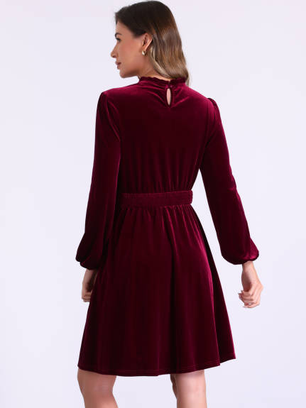 Allegra K - Velvet Smocked Waistline Long Sleeve Dress