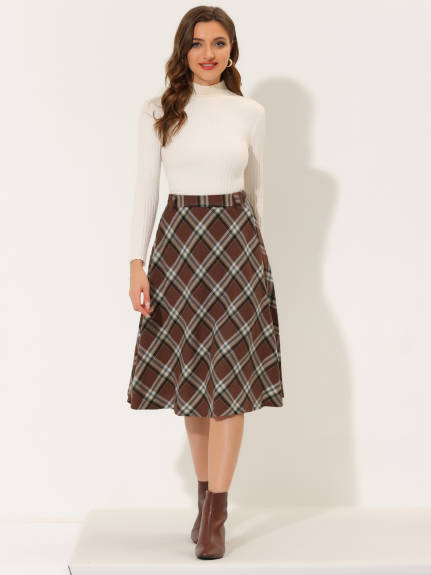 Allegra K- Plaid Tartan Belted A-Line Midi Skirt