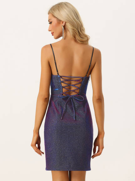 Allegra K- Glitter Sparkle Lace Up Back Bandage Cami Dress