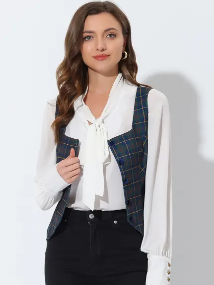 Allegra K- Square Neck Single Breasted Sleeveless Plaid Vest