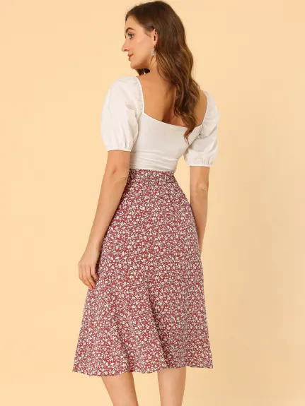 Allegra K- Elastic Waist A-Line Midi Leave Print Skirt