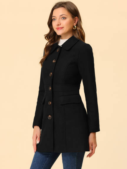 Allegra K- Peter Pan Collar Single Breasted Mid Length Overcoat