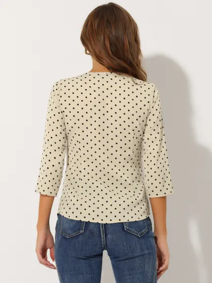 Allegra K- Polka Dots 3/4 Sleeve Button Front Blouse