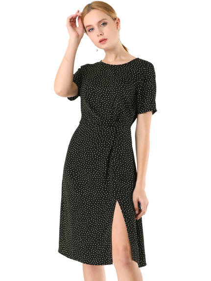 Allegra K- Polka Dots Slit Front Midi Dress