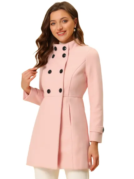 Allegra K- Stand Collar Long Sleeves Double Breasted Coat