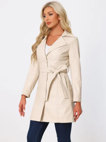 Allegra K - Veste longue en simili cuir à col à revers cranté