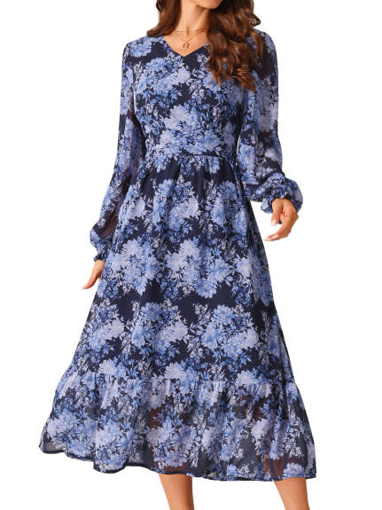 Allegra K - Long Sleeve Chiffon Flowy Floral Dress