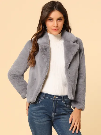 Allegra K- Notch Lapel Faux Fur Fluffy Cropped Coat