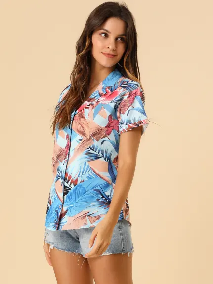 Allegra K- Beach Tropical Printed Button Down Shirt