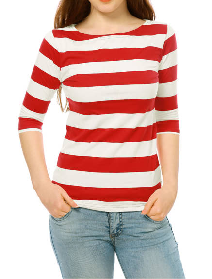 Allegra K- Boat Neck Elbow Sleeve Slim Fit Stripe T-Shirt