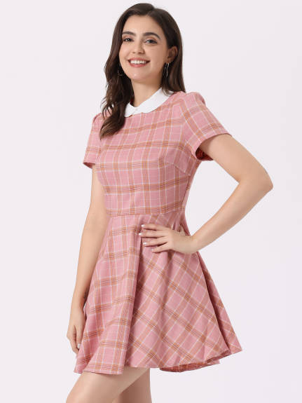 Allegra K- Peter Pan Collar Puff Sleeves Above Knee Plaid Grid Dress