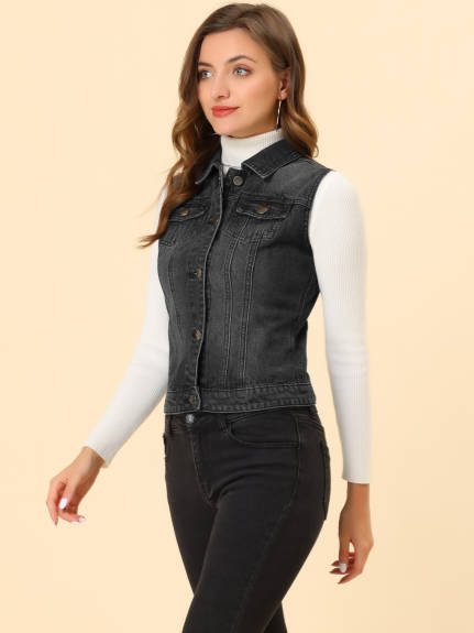 Allegra K- Washed Denim Buttoned Vest with Flap Pockets