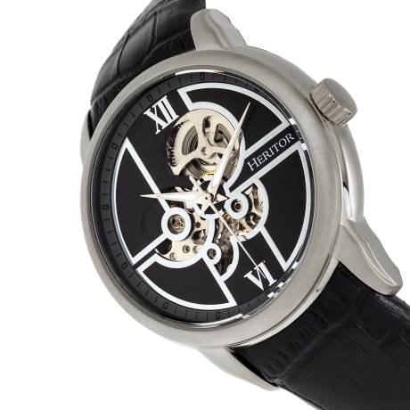 Heritor Automatic Sanford Semi-Skeleton Leather-Band Watch - Gold/Black