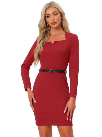 Allegra K- Belted Square Neck Shoulder Pads Bodycon Dress