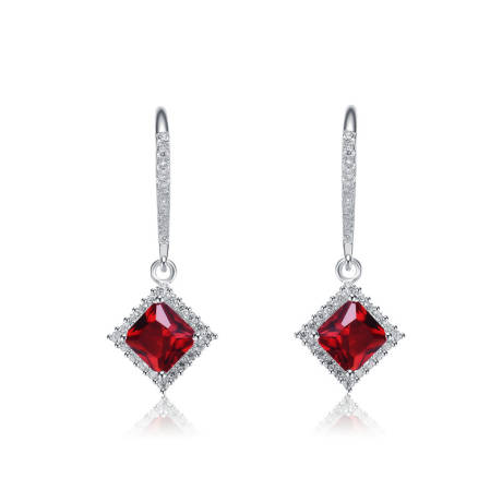 Genevive Sterling Silver White Gold Plated with Ruby Red Cubic Zirconia Dangle Earrings